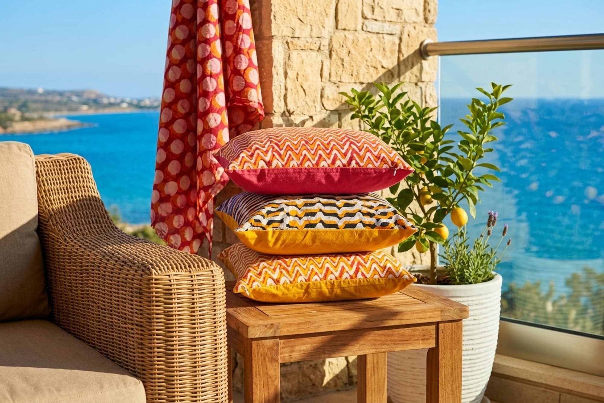 Stack of colourful outdoor cushions styled against a brick wall