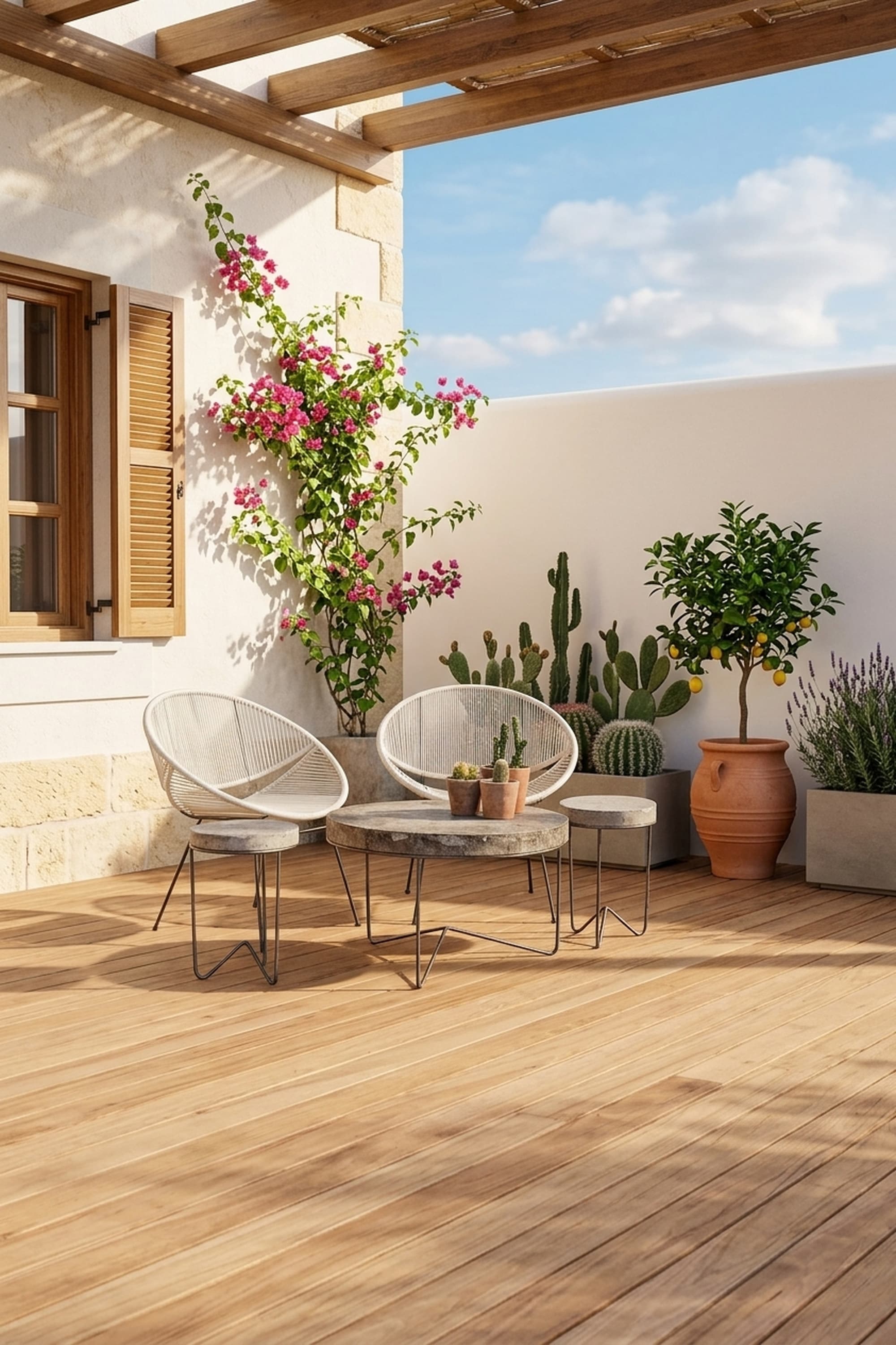 Pair of modern wire-frame chairs on an outdoor deck