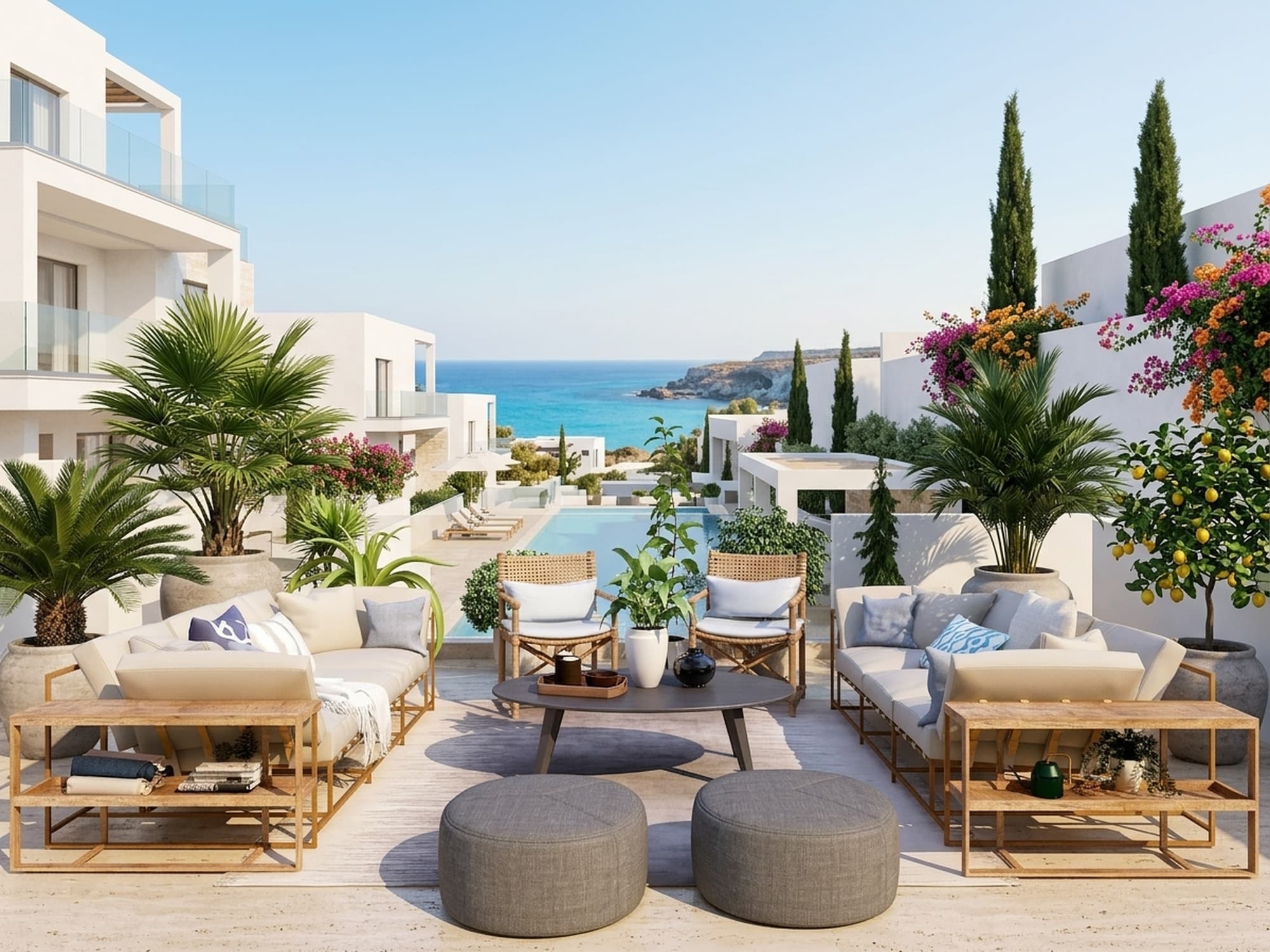 Rooftop lounge set with sofas and ottomans among plants