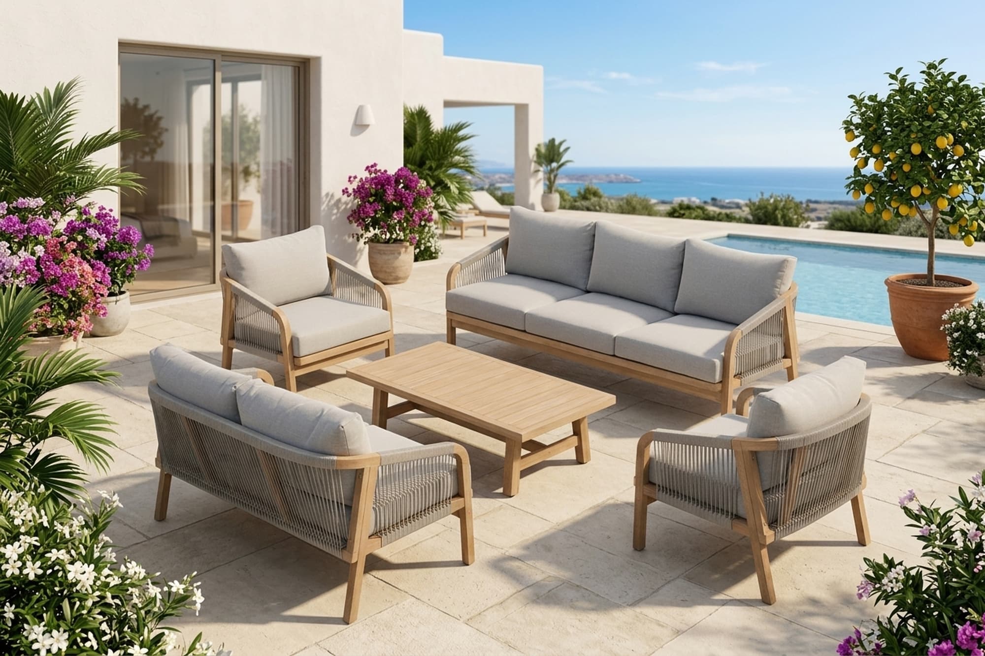 Grey outdoor sofa set with teak coffee table and armchairs