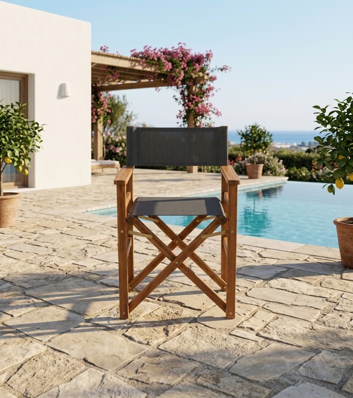 Director Chair Outdoor Living Natural Solid Teak Wood Black Fabric — έπιπλα εξωτερικού χώρου στην Κύπρο