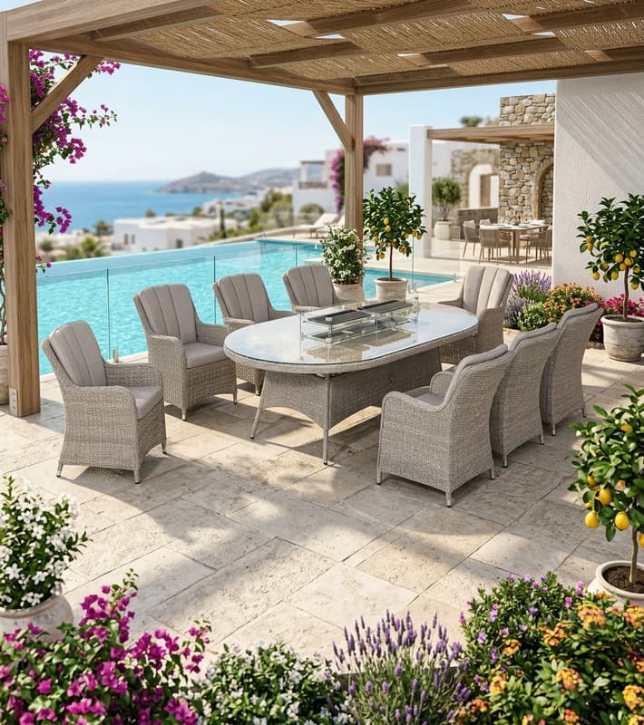 Outdoor Dining Table Set - Hamilton - with fire pit system Table & 8 armchairs — уличная мебель на Кипре