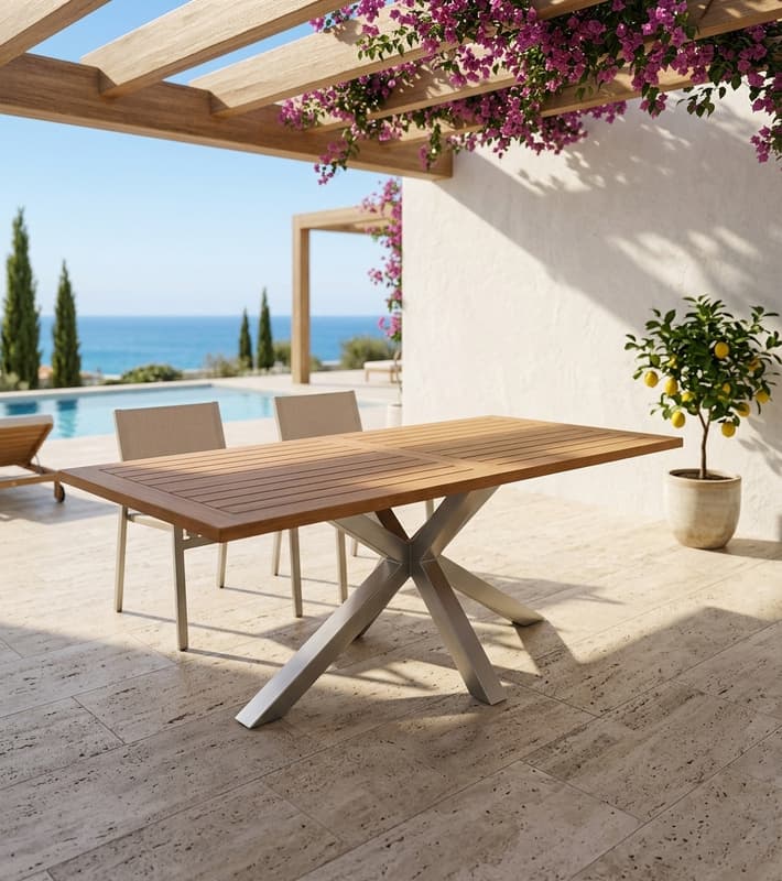 Outdoor Table-Roma - Teak Wood with Stainless Steel Legs — уличная мебель на Кипре