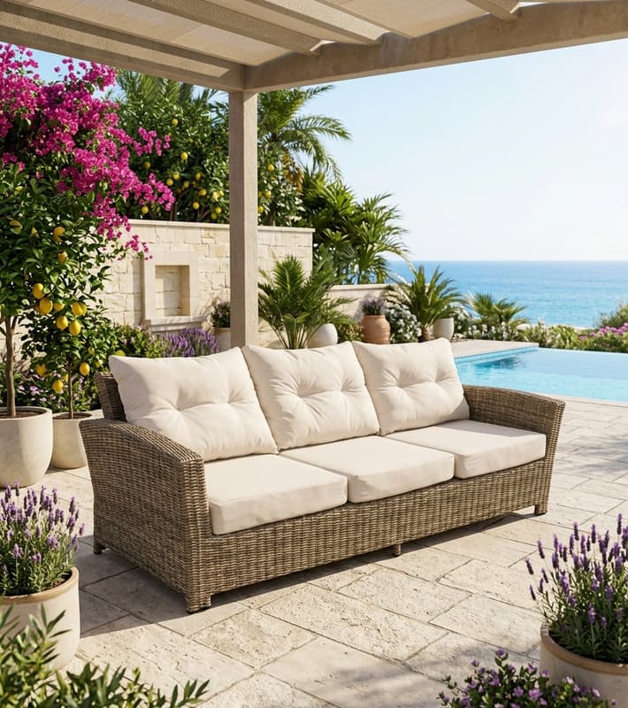 Sofa Jordano 3seater with sunbrella fabric cushions - brown rattan 204x75x85cm — уличная мебель на Кипре