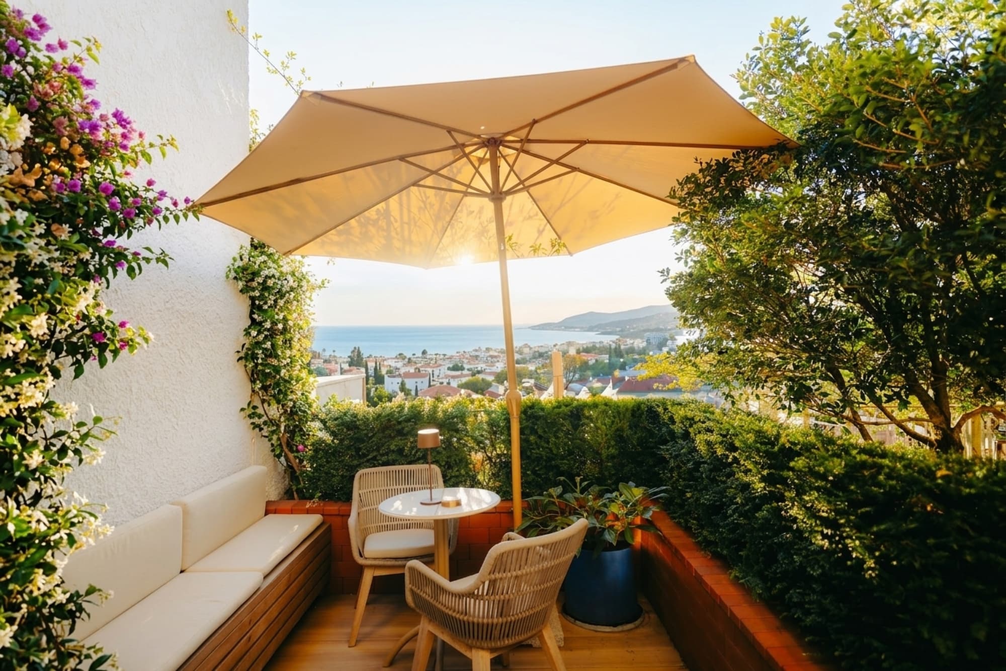 Cantilever garden umbrella shading wooden lounge chairs